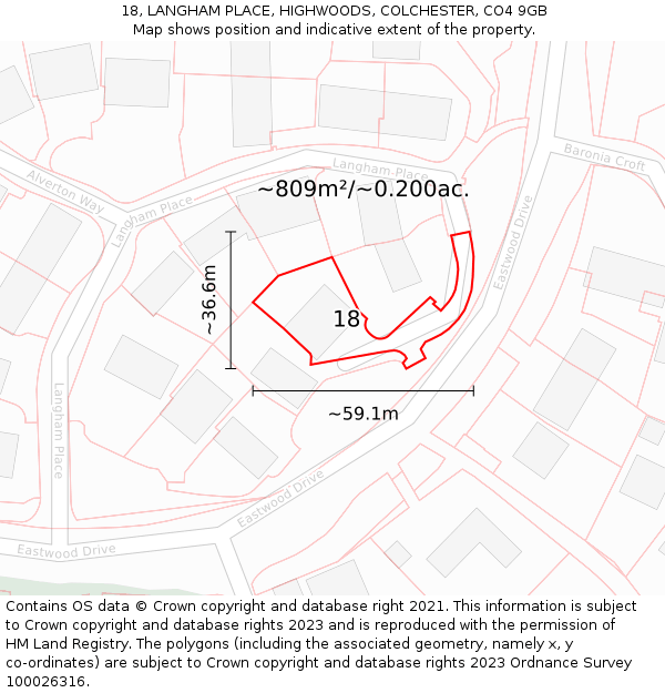 18, LANGHAM PLACE, HIGHWOODS, COLCHESTER, CO4 9GB: Plot and title map