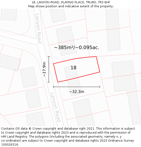 18, LANYON ROAD, PLAYING PLACE, TRURO, TR3 6HF: Plot and title map