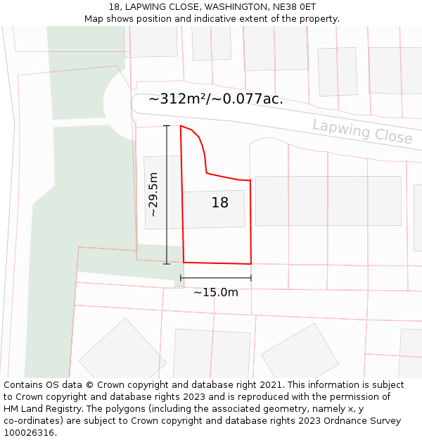 18, LAPWING CLOSE, WASHINGTON, NE38 0ET: Plot and title map