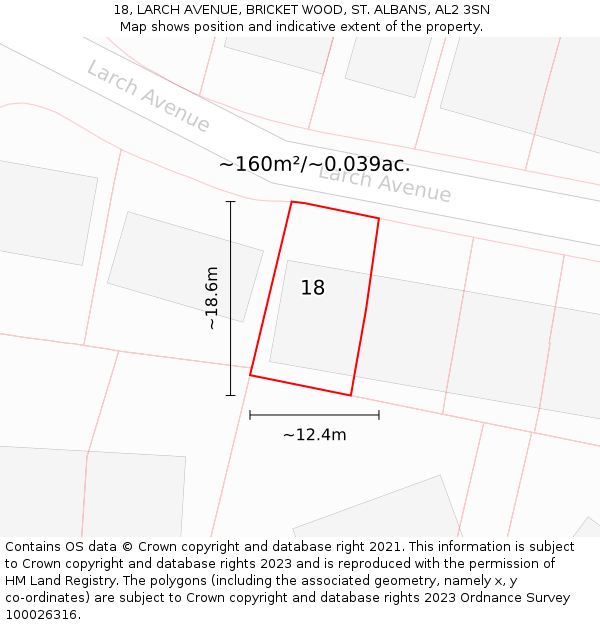 18, LARCH AVENUE, BRICKET WOOD, ST. ALBANS, AL2 3SN: Plot and title map