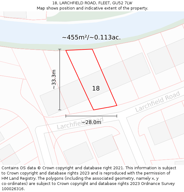 18, LARCHFIELD ROAD, FLEET, GU52 7LW: Plot and title map