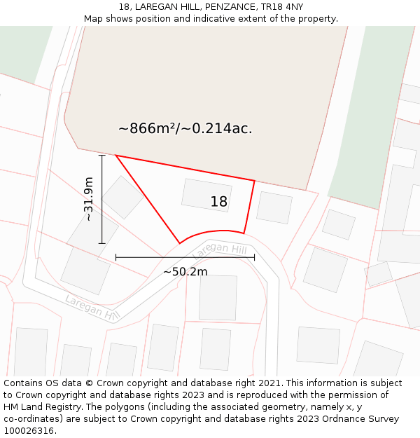 18, LAREGAN HILL, PENZANCE, TR18 4NY: Plot and title map