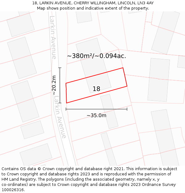 18, LARKIN AVENUE, CHERRY WILLINGHAM, LINCOLN, LN3 4AY: Plot and title map