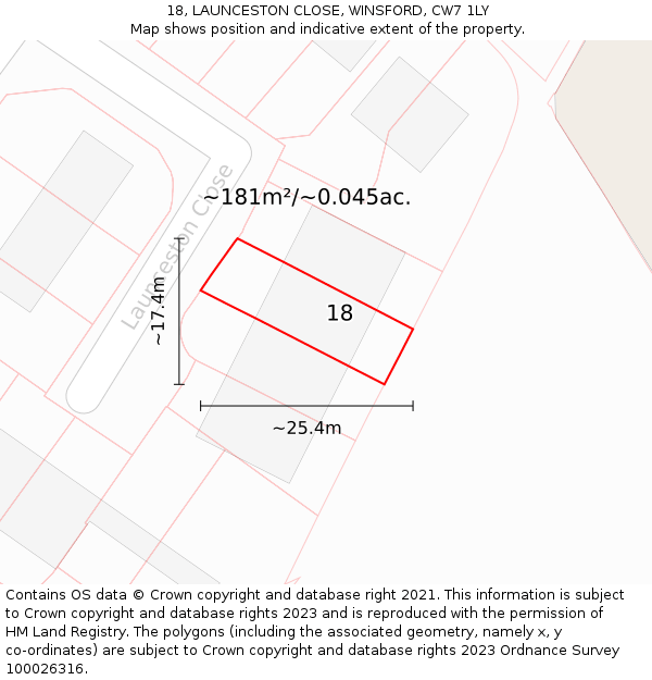 18, LAUNCESTON CLOSE, WINSFORD, CW7 1LY: Plot and title map