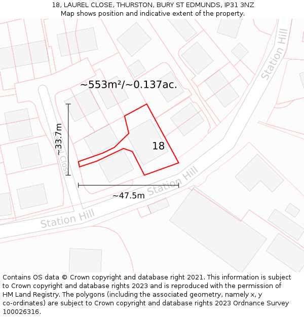 18, LAUREL CLOSE, THURSTON, BURY ST EDMUNDS, IP31 3NZ: Plot and title map