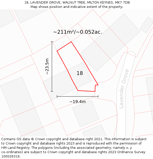 18, LAVENDER GROVE, WALNUT TREE, MILTON KEYNES, MK7 7DB: Plot and title map