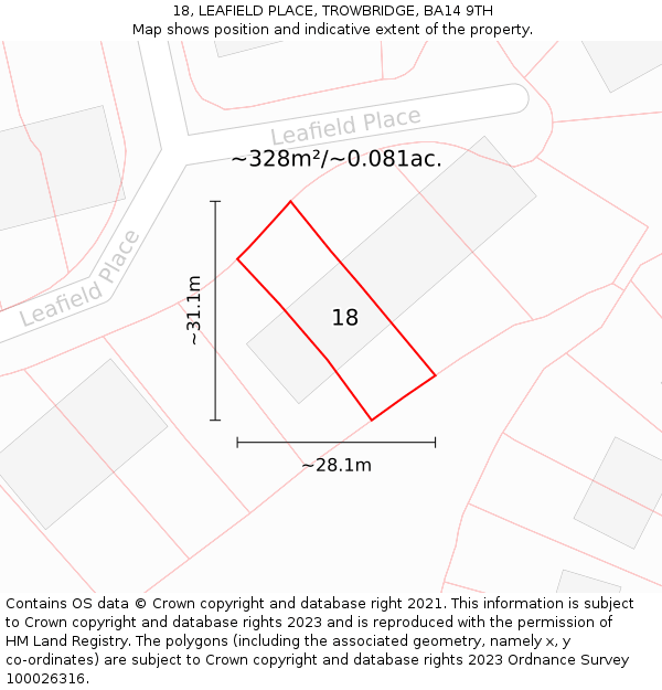 18, LEAFIELD PLACE, TROWBRIDGE, BA14 9TH: Plot and title map