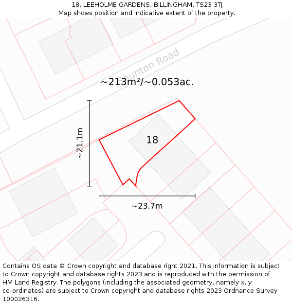 18, LEEHOLME GARDENS, BILLINGHAM, TS23 3TJ: Plot and title map