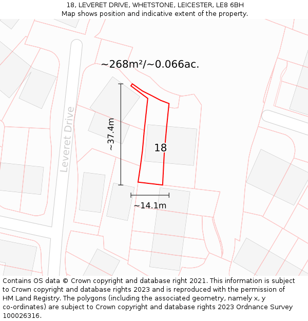 18, LEVERET DRIVE, WHETSTONE, LEICESTER, LE8 6BH: Plot and title map