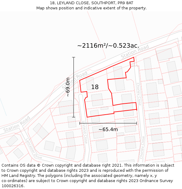 18, LEYLAND CLOSE, SOUTHPORT, PR9 8AT: Plot and title map