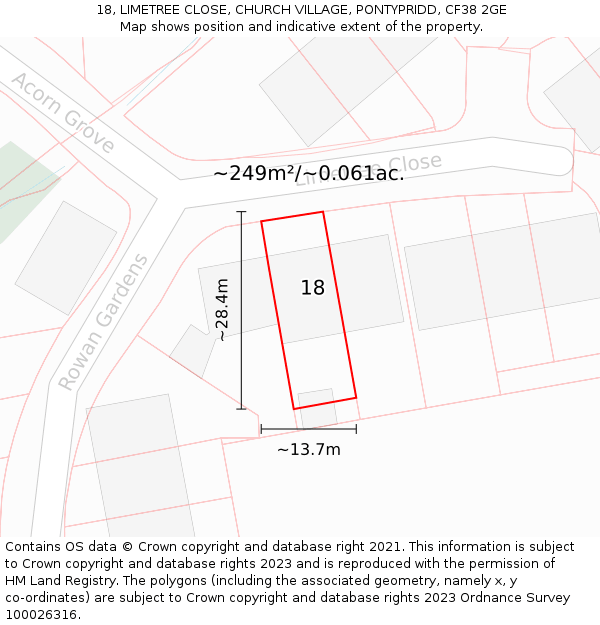 18, LIMETREE CLOSE, CHURCH VILLAGE, PONTYPRIDD, CF38 2GE: Plot and title map