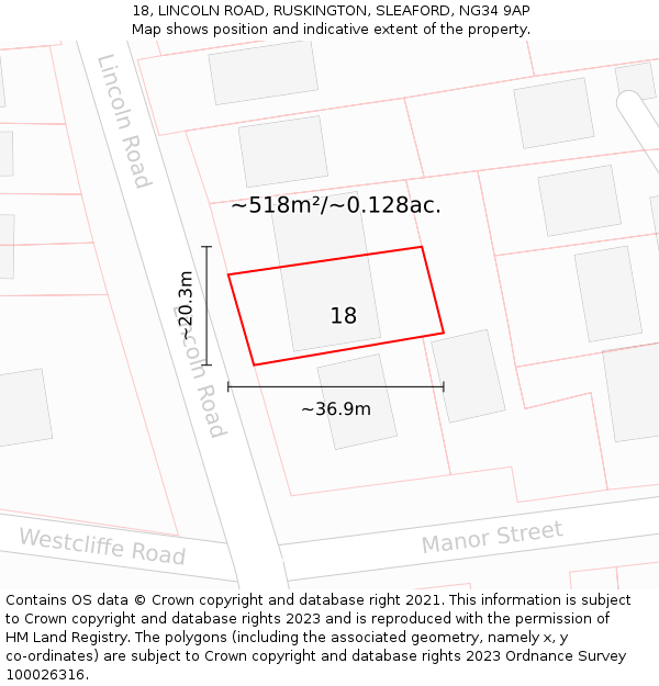 18, LINCOLN ROAD, RUSKINGTON, SLEAFORD, NG34 9AP: Plot and title map