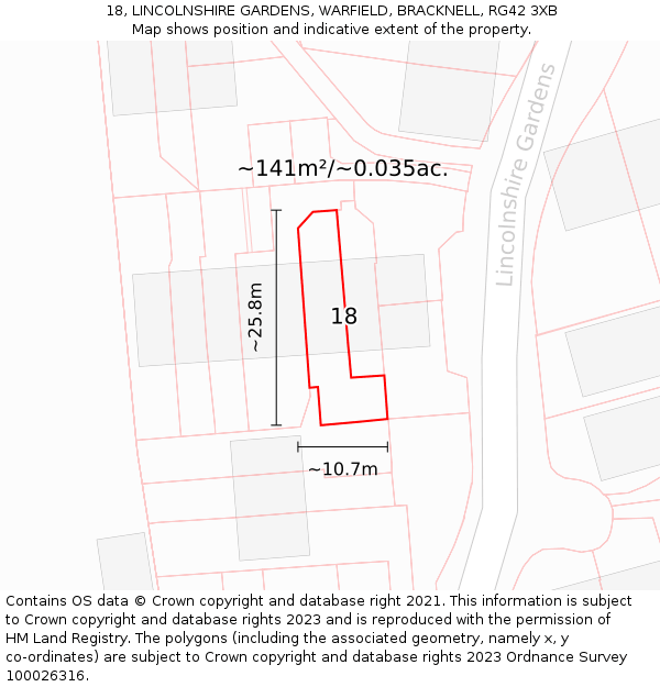 18, LINCOLNSHIRE GARDENS, WARFIELD, BRACKNELL, RG42 3XB: Plot and title map