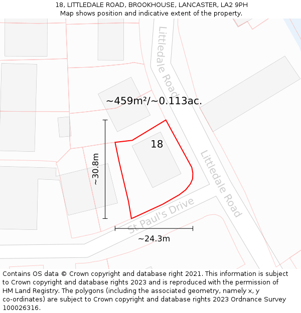 18, LITTLEDALE ROAD, BROOKHOUSE, LANCASTER, LA2 9PH: Plot and title map