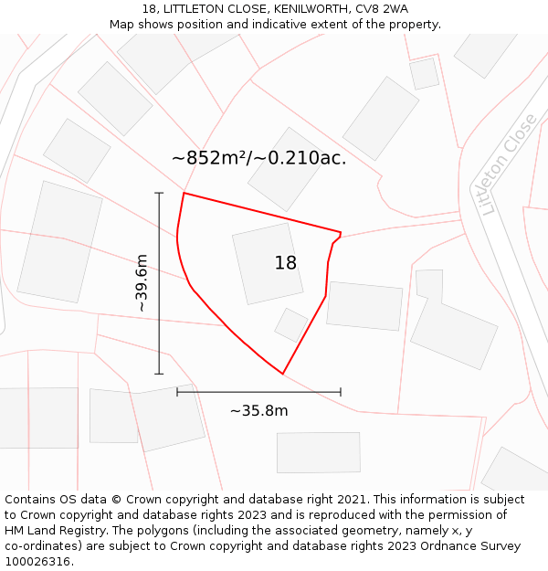 18, LITTLETON CLOSE, KENILWORTH, CV8 2WA: Plot and title map