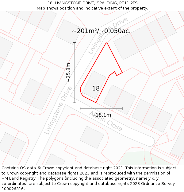 18, LIVINGSTONE DRIVE, SPALDING, PE11 2FS: Plot and title map