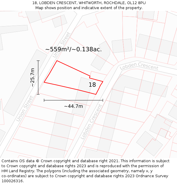 18, LOBDEN CRESCENT, WHITWORTH, ROCHDALE, OL12 8PU: Plot and title map