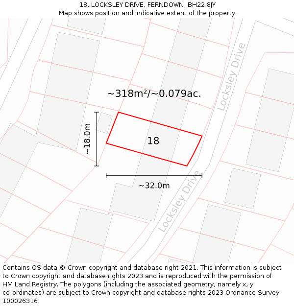 18, LOCKSLEY DRIVE, FERNDOWN, BH22 8JY: Plot and title map