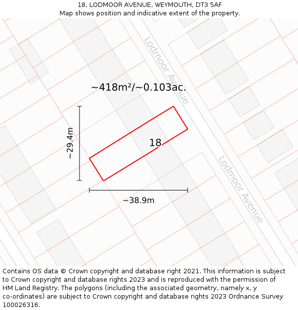 18, LODMOOR AVENUE, WEYMOUTH, DT3 5AF: Plot and title map