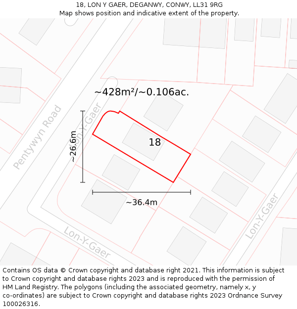 18, LON Y GAER, DEGANWY, CONWY, LL31 9RG: Plot and title map