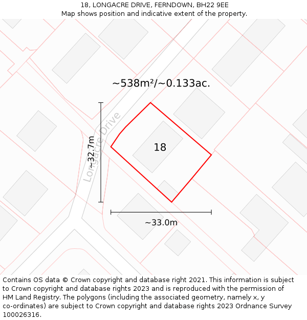 18, LONGACRE DRIVE, FERNDOWN, BH22 9EE: Plot and title map