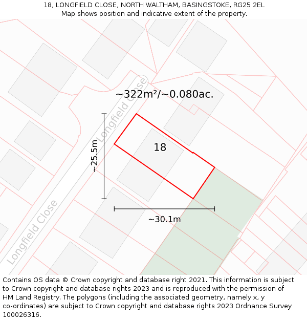 18, LONGFIELD CLOSE, NORTH WALTHAM, BASINGSTOKE, RG25 2EL: Plot and title map