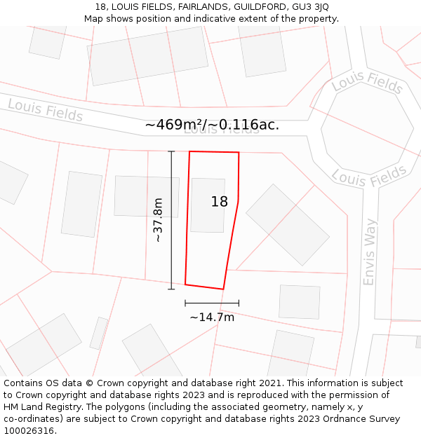 18, LOUIS FIELDS, FAIRLANDS, GUILDFORD, GU3 3JQ: Plot and title map