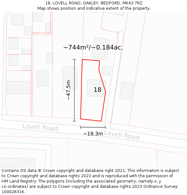 18, LOVELL ROAD, OAKLEY, BEDFORD, MK43 7RZ: Plot and title map