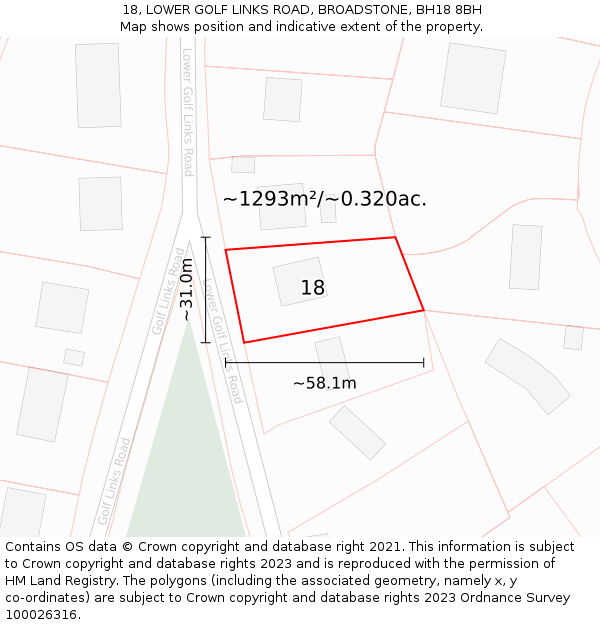 18, LOWER GOLF LINKS ROAD, BROADSTONE, BH18 8BH: Plot and title map