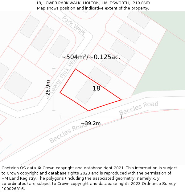 18, LOWER PARK WALK, HOLTON, HALESWORTH, IP19 8ND: Plot and title map