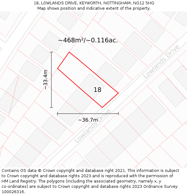 18, LOWLANDS DRIVE, KEYWORTH, NOTTINGHAM, NG12 5HG: Plot and title map