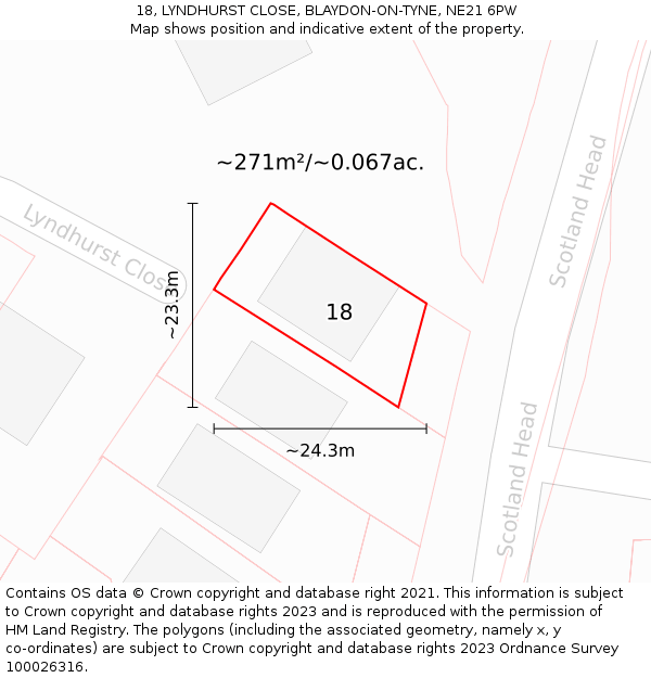 18, LYNDHURST CLOSE, BLAYDON-ON-TYNE, NE21 6PW: Plot and title map