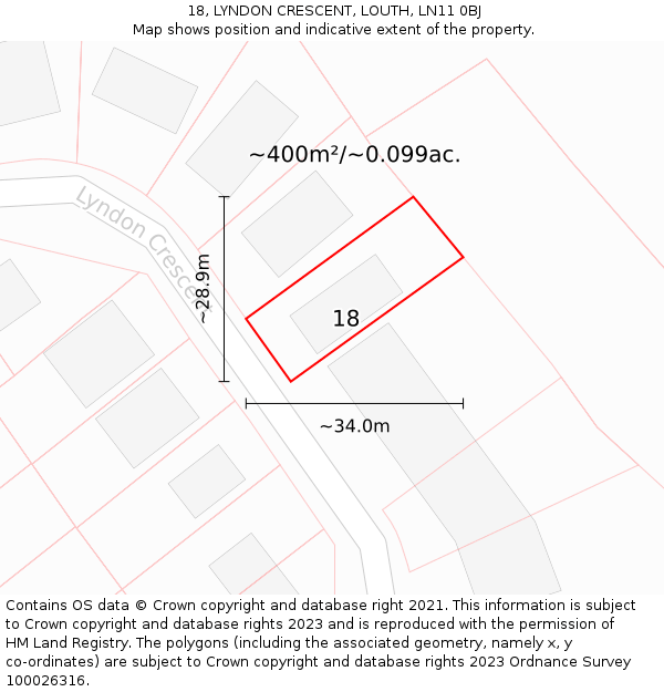 18, LYNDON CRESCENT, LOUTH, LN11 0BJ: Plot and title map