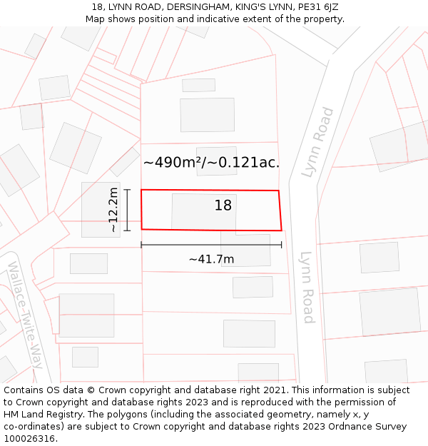 18, LYNN ROAD, DERSINGHAM, KING'S LYNN, PE31 6JZ: Plot and title map