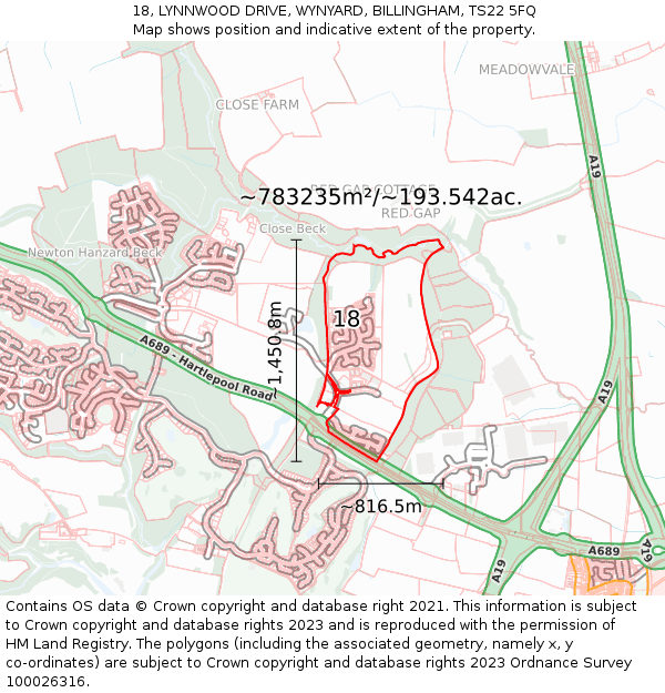 18, LYNNWOOD DRIVE, WYNYARD, BILLINGHAM, TS22 5FQ: Plot and title map