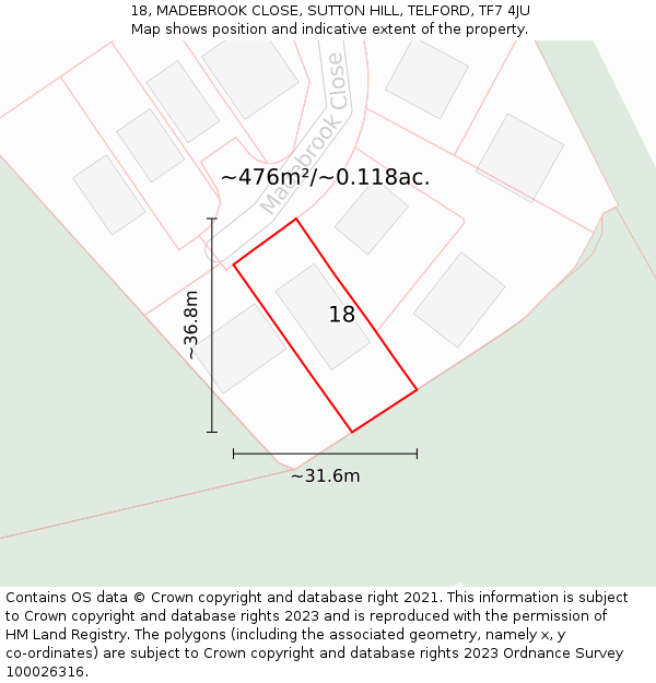 18, MADEBROOK CLOSE, SUTTON HILL, TELFORD, TF7 4JU: Plot and title map