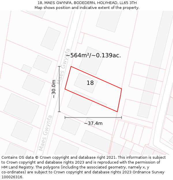 18, MAES GWYNFA, BODEDERN, HOLYHEAD, LL65 3TH: Plot and title map