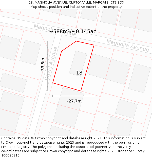 18, MAGNOLIA AVENUE, CLIFTONVILLE, MARGATE, CT9 3DX: Plot and title map