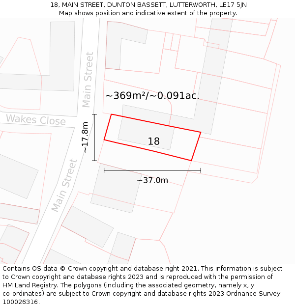 18, MAIN STREET, DUNTON BASSETT, LUTTERWORTH, LE17 5JN: Plot and title map