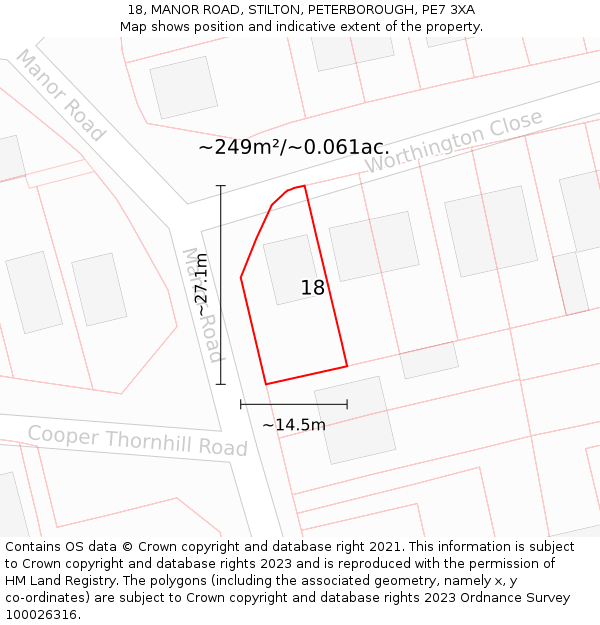 18, MANOR ROAD, STILTON, PETERBOROUGH, PE7 3XA: Plot and title map