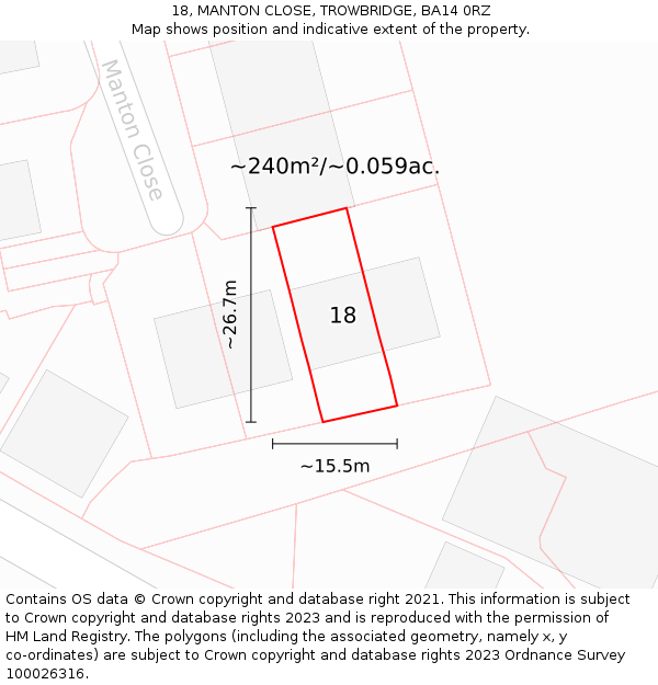 18, MANTON CLOSE, TROWBRIDGE, BA14 0RZ: Plot and title map