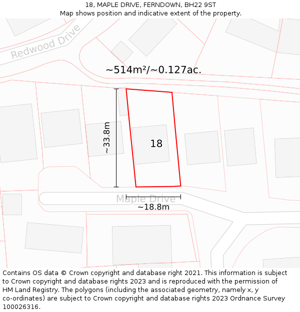 18, MAPLE DRIVE, FERNDOWN, BH22 9ST: Plot and title map