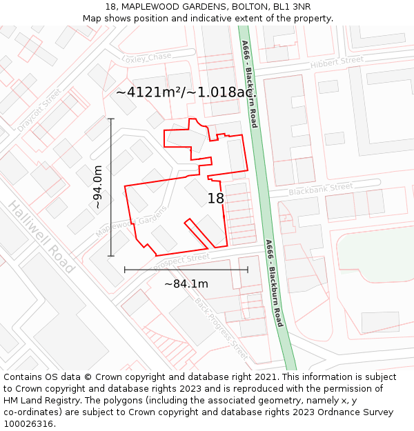 18, MAPLEWOOD GARDENS, BOLTON, BL1 3NR: Plot and title map