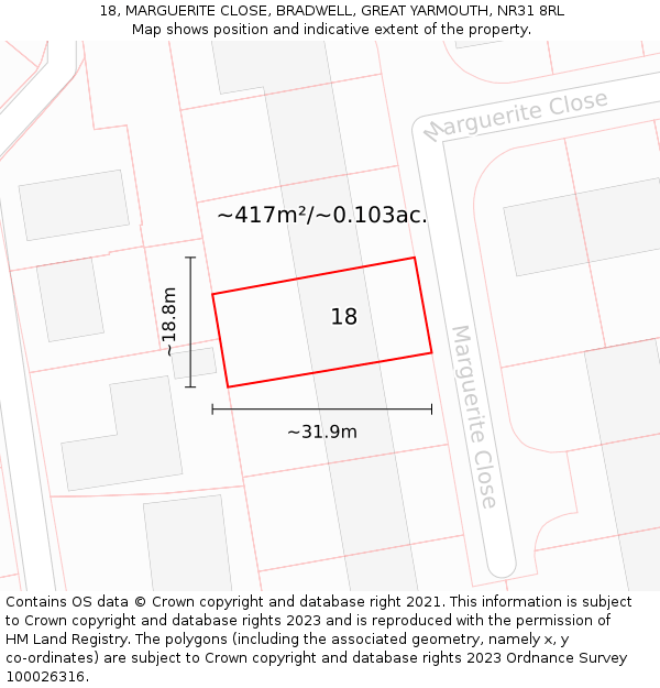 18, MARGUERITE CLOSE, BRADWELL, GREAT YARMOUTH, NR31 8RL: Plot and title map
