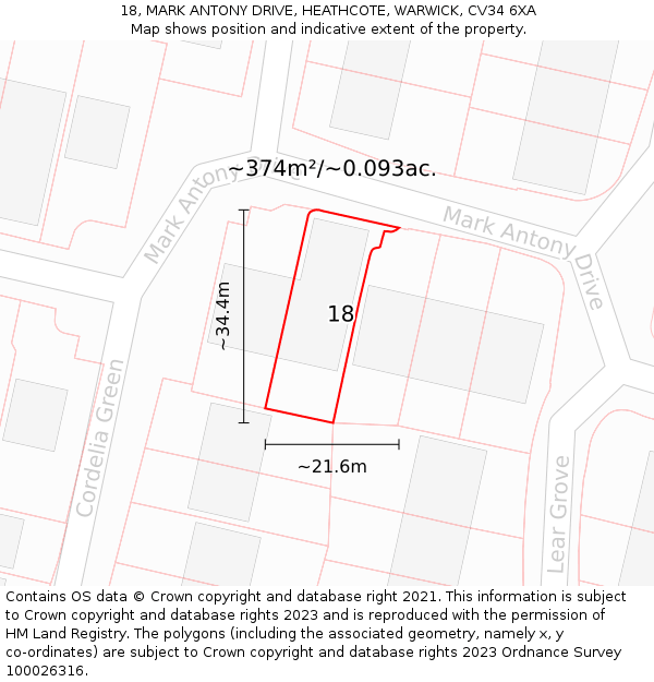 18, MARK ANTONY DRIVE, HEATHCOTE, WARWICK, CV34 6XA: Plot and title map