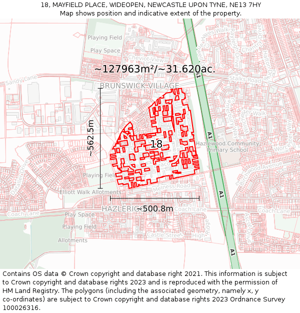 18, MAYFIELD PLACE, WIDEOPEN, NEWCASTLE UPON TYNE, NE13 7HY: Plot and title map