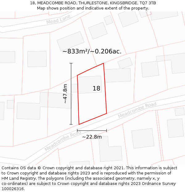18, MEADCOMBE ROAD, THURLESTONE, KINGSBRIDGE, TQ7 3TB: Plot and title map