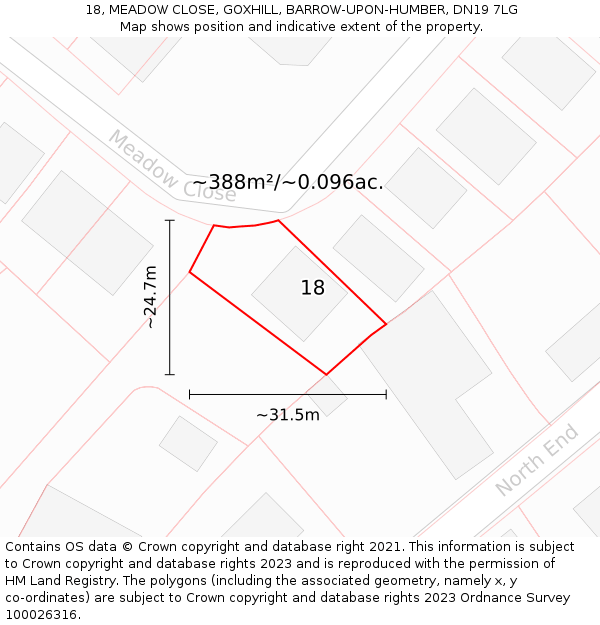 18, MEADOW CLOSE, GOXHILL, BARROW-UPON-HUMBER, DN19 7LG: Plot and title map