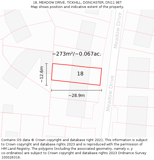 18, MEADOW DRIVE, TICKHILL, DONCASTER, DN11 9ET: Plot and title map