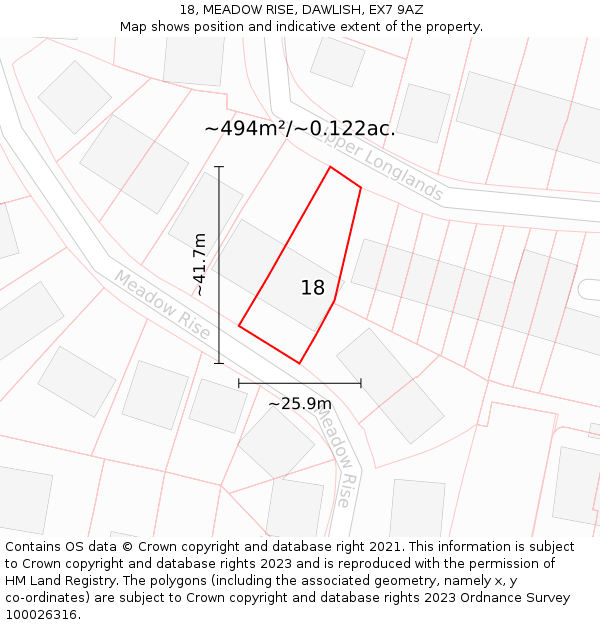 18, MEADOW RISE, DAWLISH, EX7 9AZ: Plot and title map